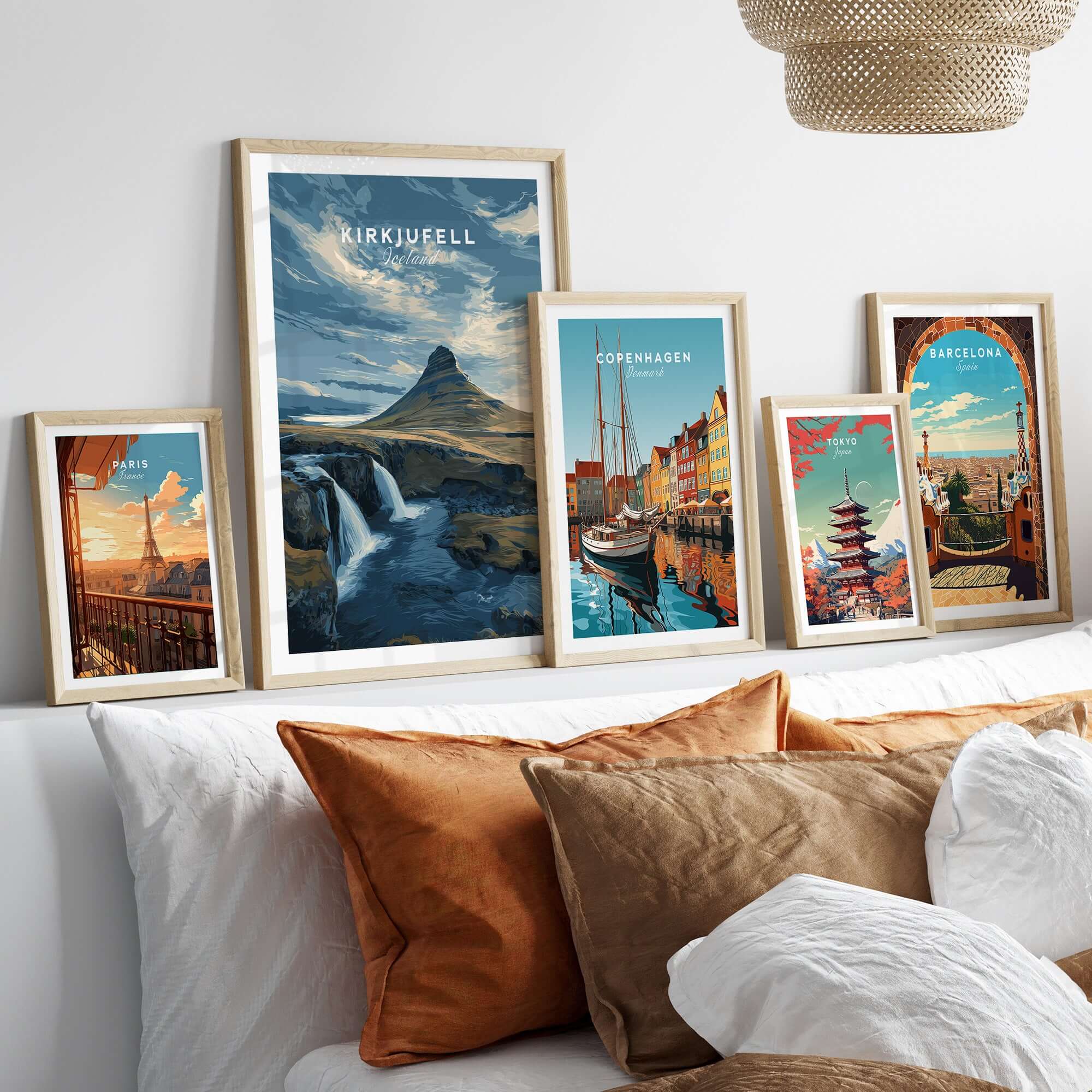Kirkjufell Print Snæfellsnes Peninsula Poster | Icelandic Nature Wall Art displayed on a stylish living room wall.