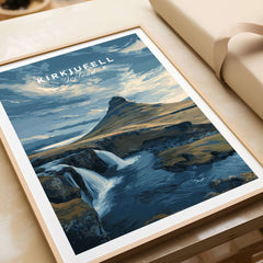 Kirkjufell Print Snæfellsnes Peninsula Poster | Icelandic Nature Wall Art displayed in a stylish frame.