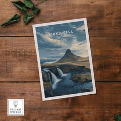 Kirkjufell Print Snæfellsnes Peninsula Poster | Icelandic Nature Wall Art on wooden background