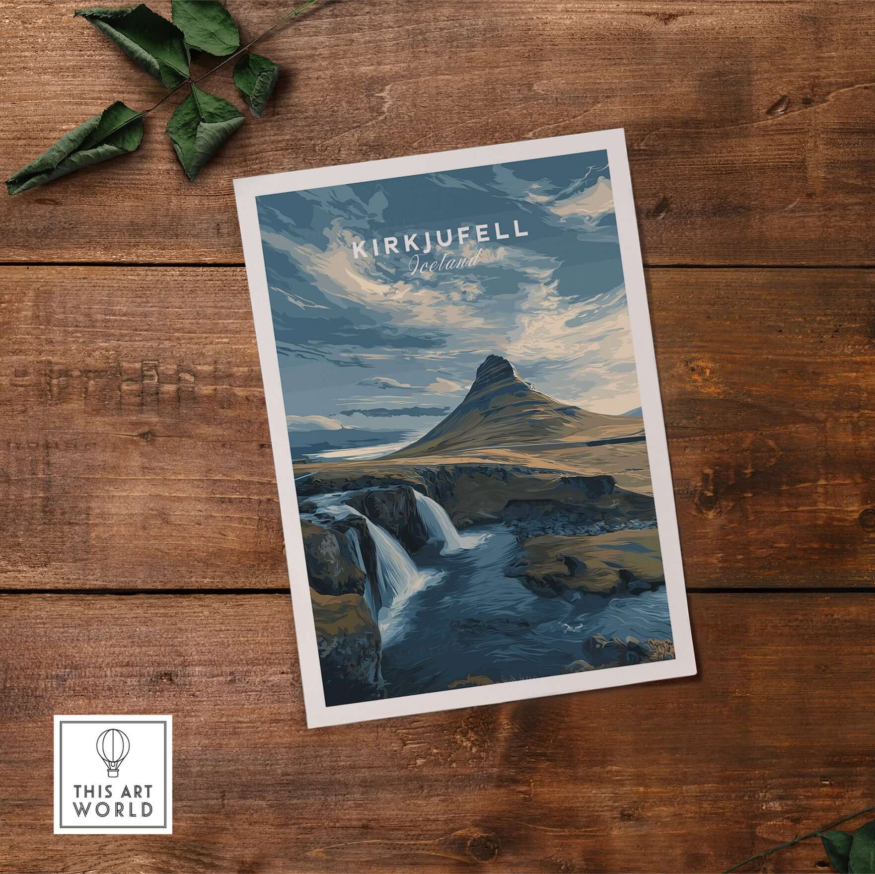 Kirkjufell Print Snæfellsnes Peninsula Poster | Icelandic Nature Wall Art on wooden background