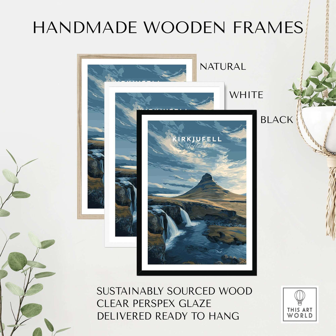 Kirkjufell Print Snæfellsnes Peninsula Poster | Icelandic Nature Wall Art displayed with handmade wooden frames.