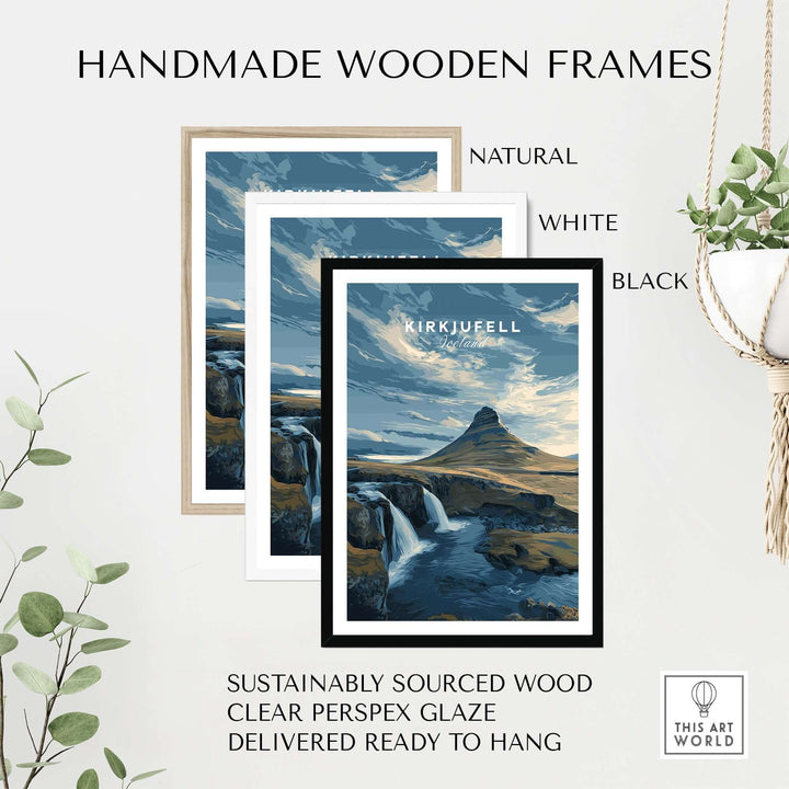 Kirkjufell Print Snæfellsnes Peninsula Poster | Icelandic Nature Wall Art displayed with handmade wooden frames.