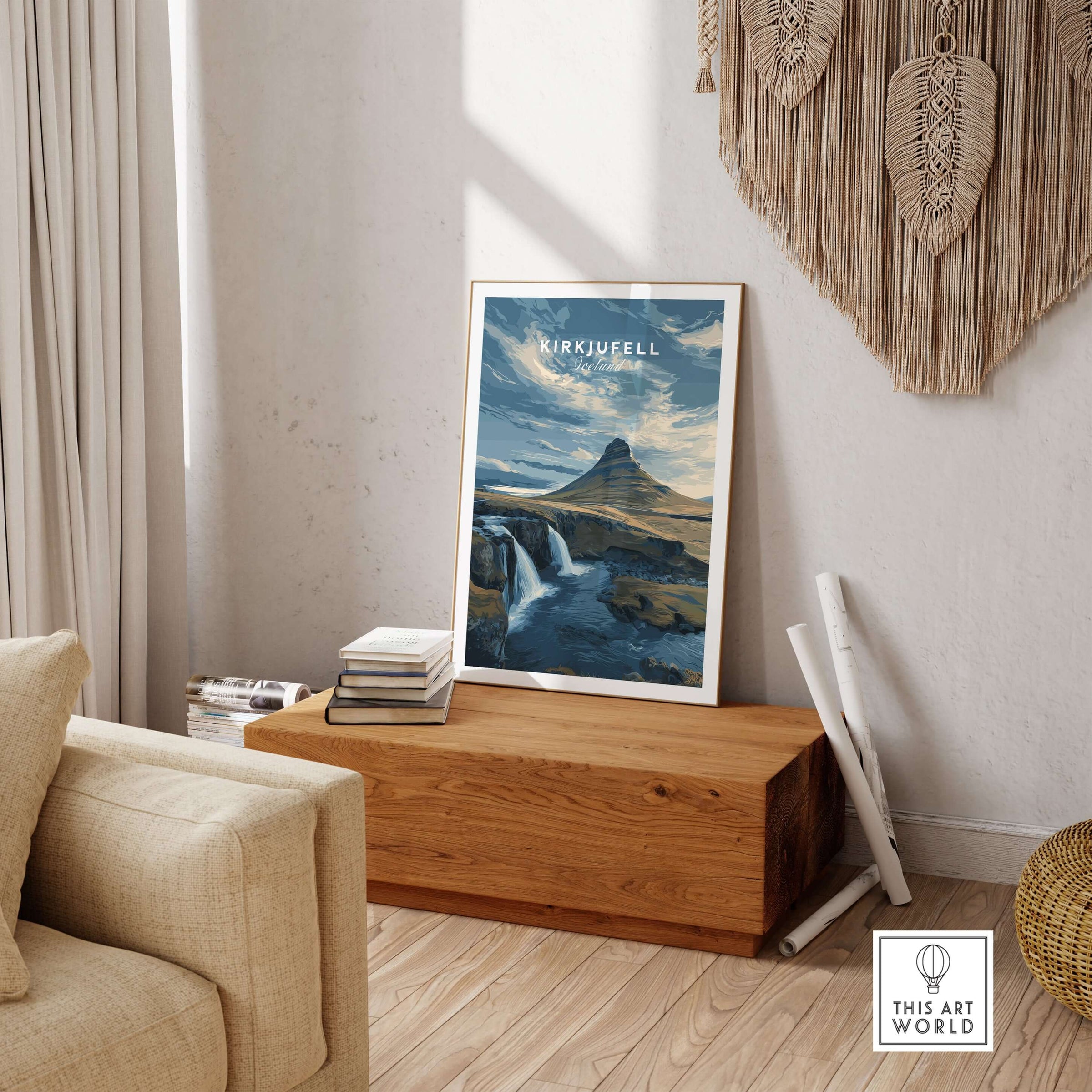Kirkjufell Print Snæfellsnes Peninsula Poster | Icelandic Nature Wall Art displayed in stylish living room decor.