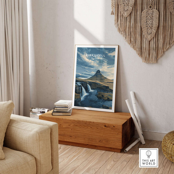 Kirkjufell Print Snæfellsnes Peninsula Poster | Icelandic Nature Wall Art displayed in modern living room decor.