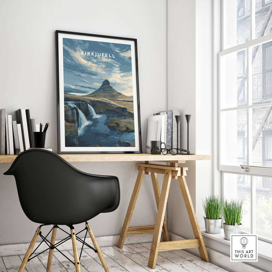 Kirkjufell Print Snæfellsnes Peninsula Poster | Icelandic Nature Wall Art displayed in a modern home office setting.