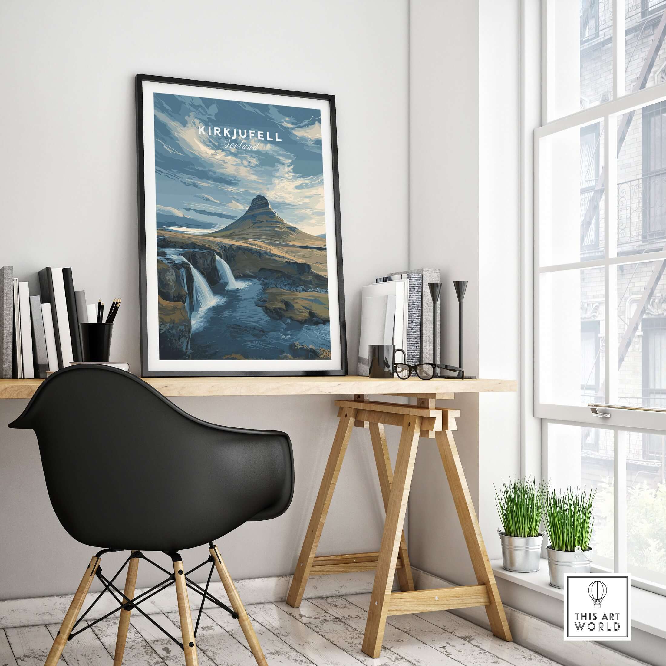 Kirkjufell Print Snæfellsnes Peninsula Poster | Icelandic Nature Wall Art displayed in modern workspace.