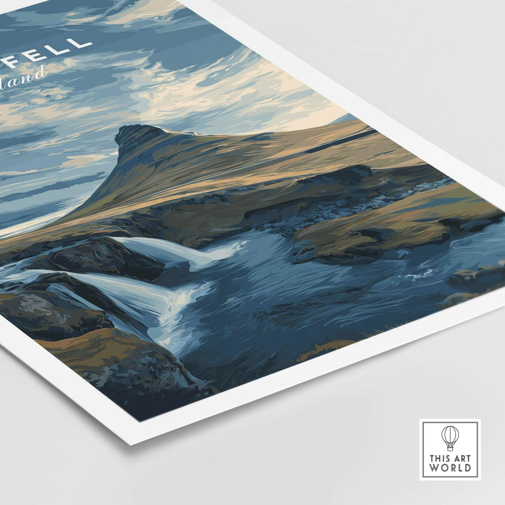 Kirkjufell Print Snæfellsnes Peninsula Poster | Icelandic Nature Wall Art featuring a dramatic landscape with mountains.