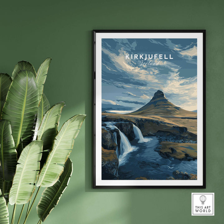 Kirkjufell Print Snæfellsnes Peninsula Poster | Icelandic Nature Wall Art displayed in a modern living space.