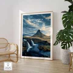 Kirkjufell Print Snæfellsnes Peninsula Poster | Icelandic Nature Wall Art displayed in a modern living room.