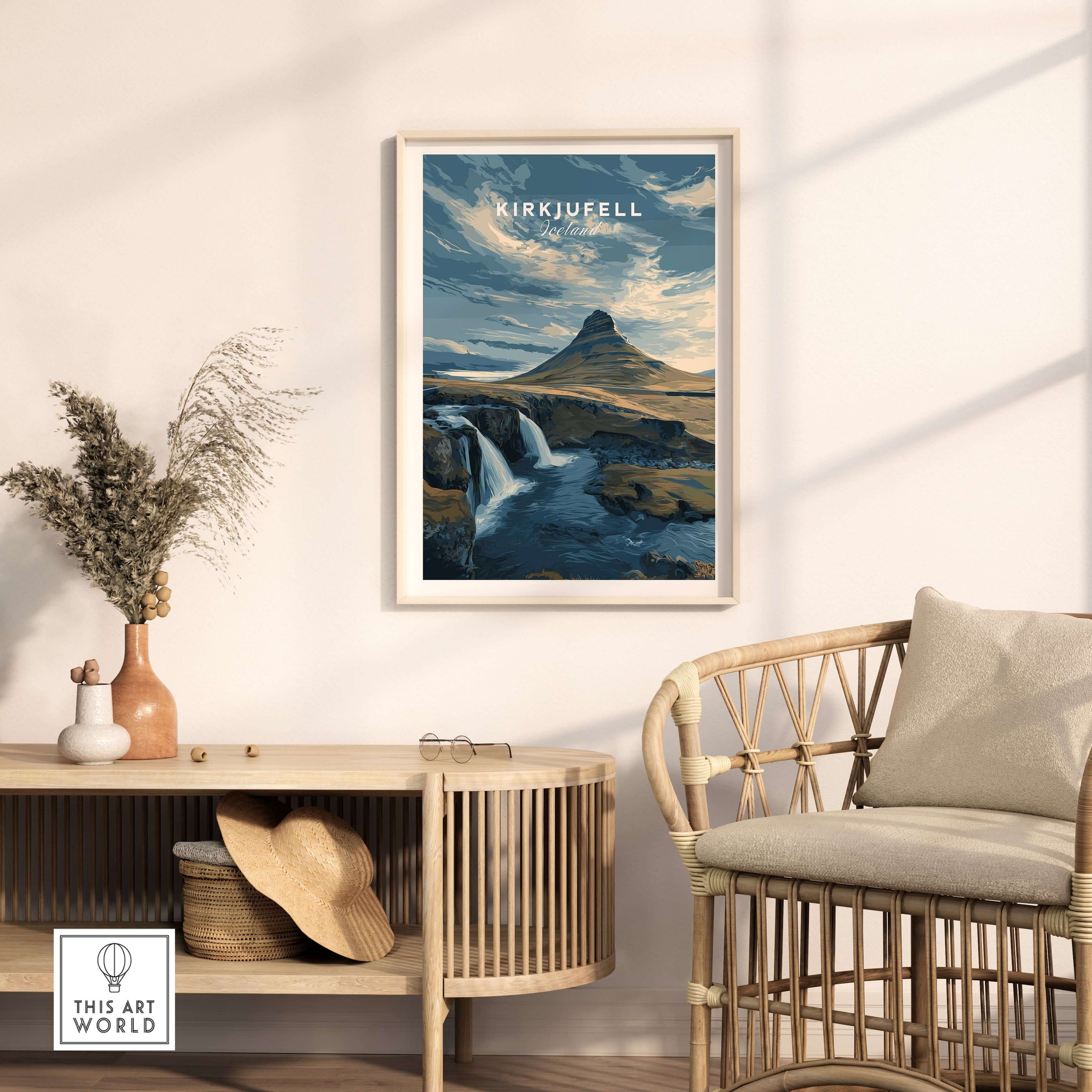Kirkjufell Print Snæfellsnes Peninsula Poster | Icelandic Nature Wall Art displayed in a modern living room.