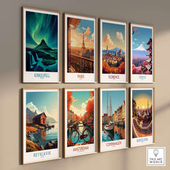 Kirkjufell Iceland Art Print | Waterfall Poster collection displayed on a wall featuring various cityscapes.