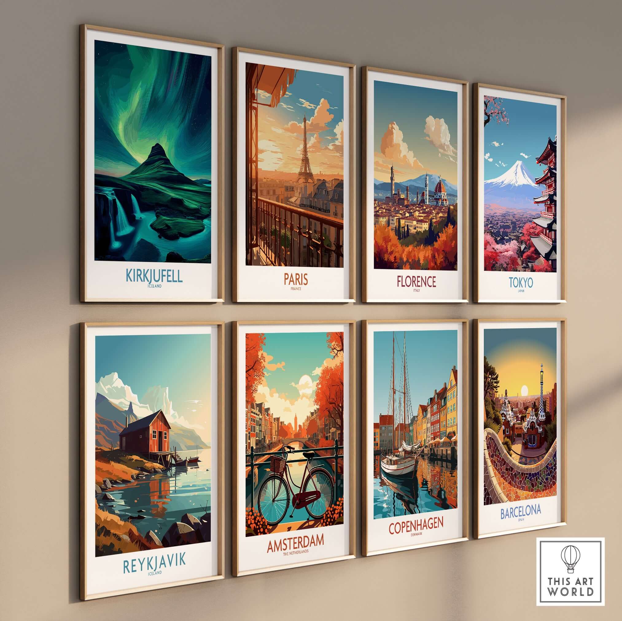 Kirkjufell Iceland Art Print | Waterfall Poster collection displayed on a wall featuring various cityscapes.