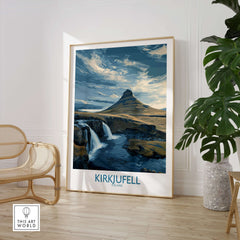 Kirkjufell Iceland Waterfall Mountain Art Print displayed in a modern living space with natural light.