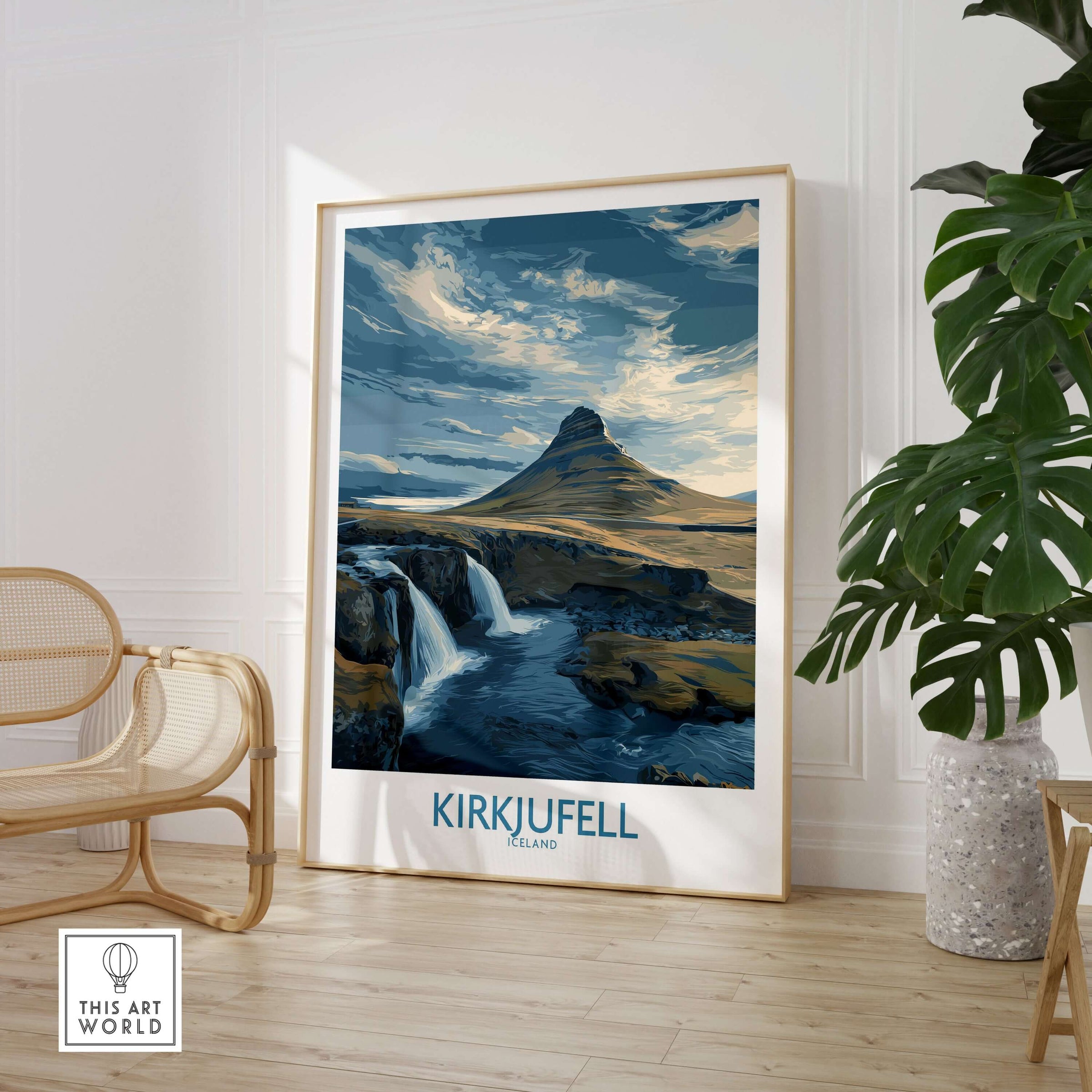 Kirkjufell Iceland Waterfall Mountain Art Print displayed in a modern living space with natural light.