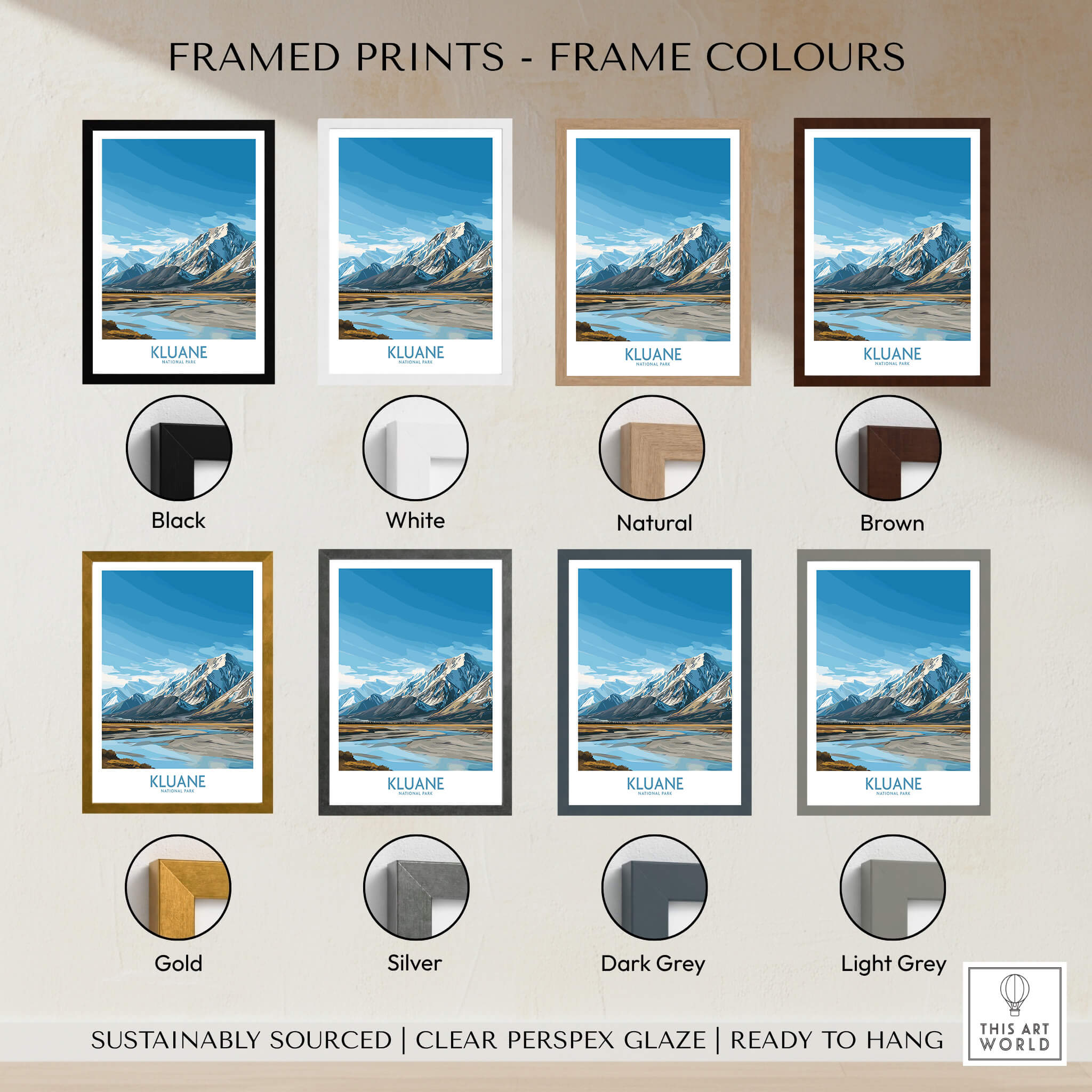 Framed prints of Kluane National Park Canada Poster | Yukon Canvas Print in various frame colors.