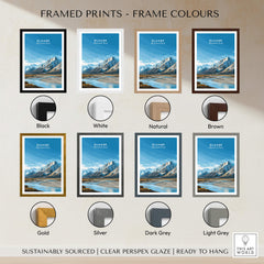 Various frame colors for Kluane National Park Canada Wall Art Print | Travel Poster including black, white, and gold.