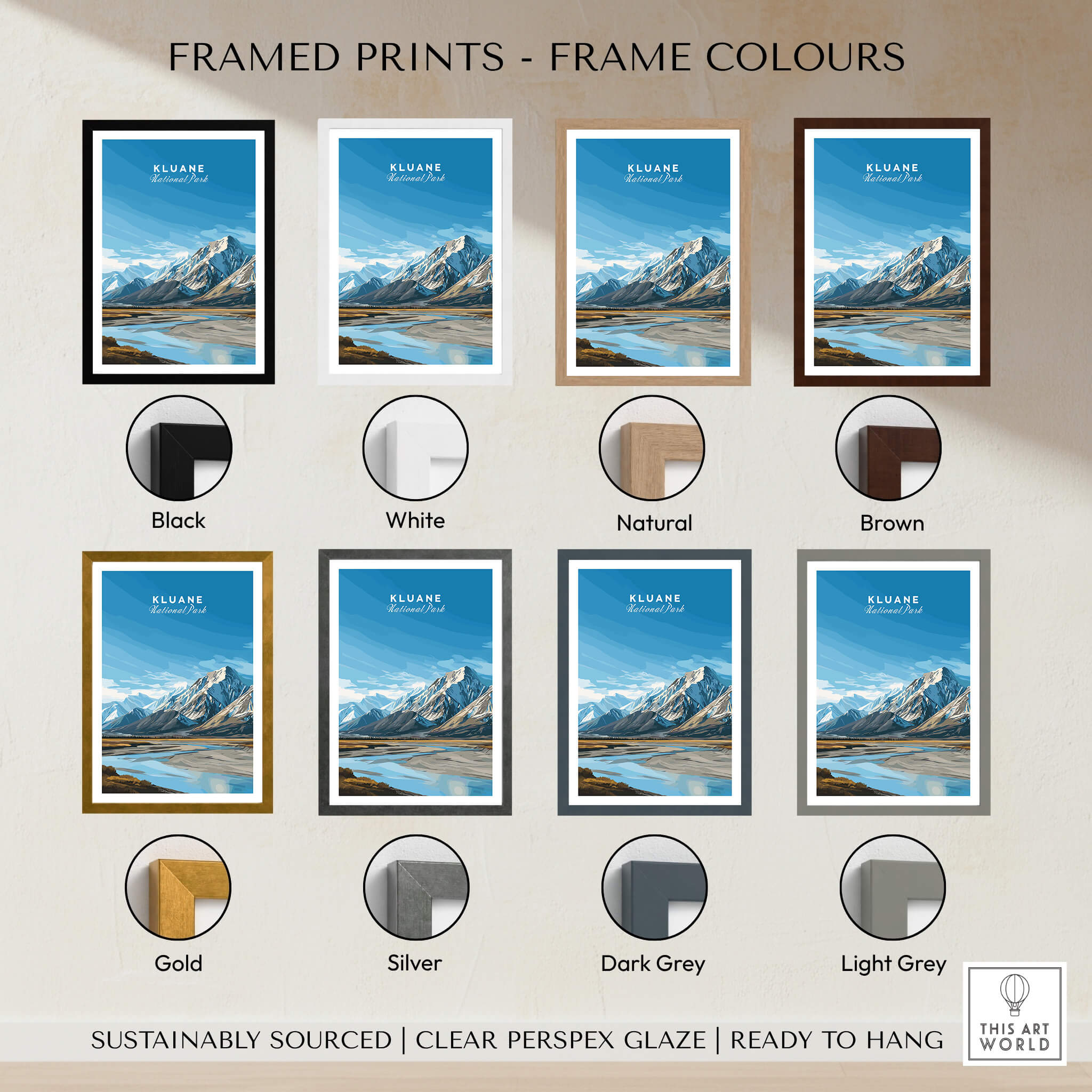 Various frame colors for Kluane National Park Canada Wall Art Print | Travel Poster including black, white, and gold.