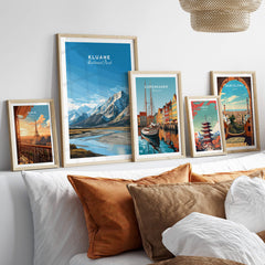 Kluane National Park Canada Wall Art Print | Travel Poster displayed in a cozy living room setting with other travel posters.