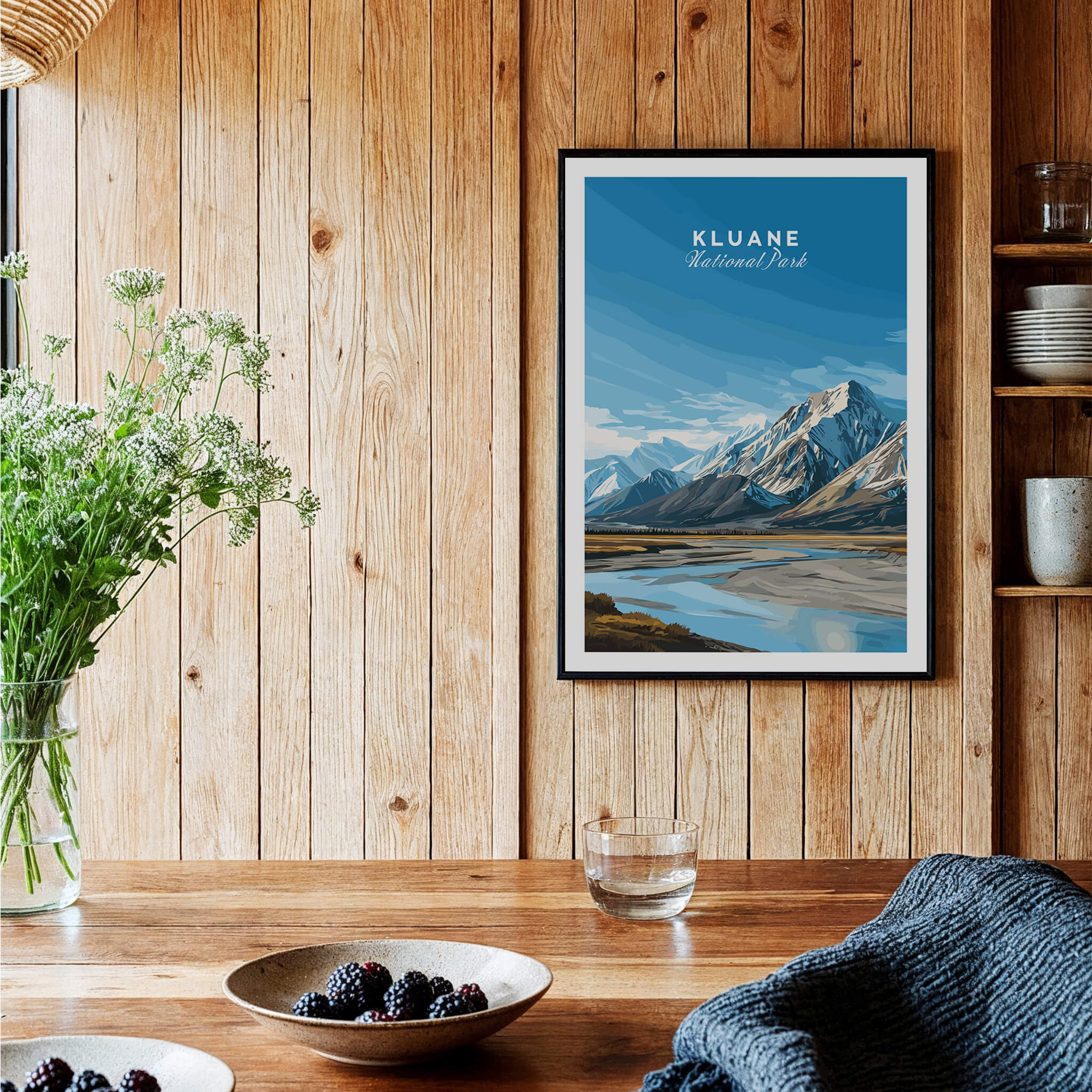 Kluane National Park Canada Wall Art Print | Travel Poster displayed in a cozy interior with wooden textures.