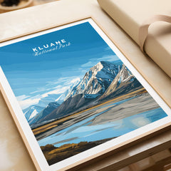 Kluane National Park Canada Wall Art Print | Travel Poster featuring stunning mountain landscapes and vibrant blue skies.