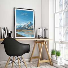 Kluane National Park Canada Wall Art Print | Travel Poster displayed in a modern workspace with mountain scenery.
