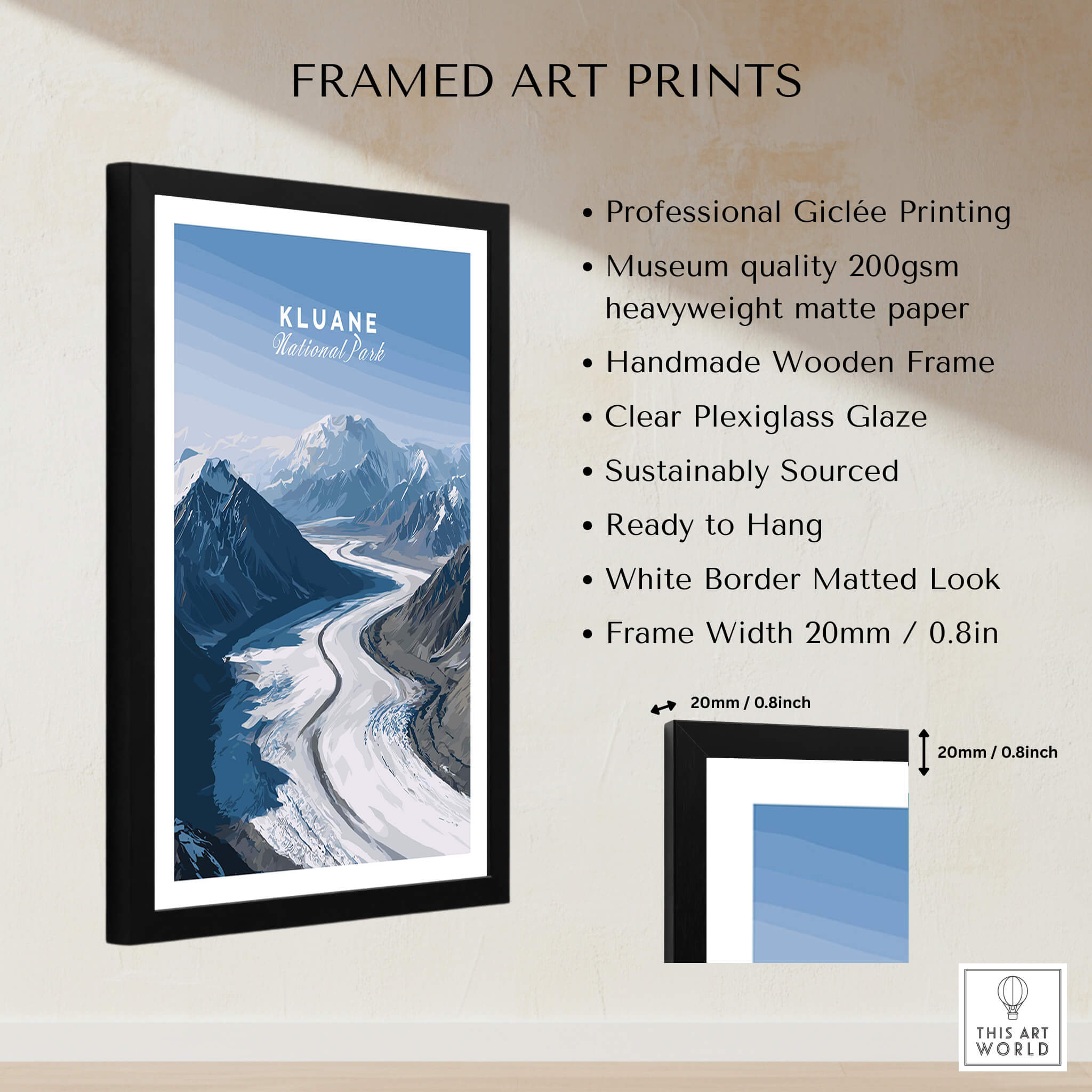 Kluane National Park Poster - Canvas Print featuring a framed art print with mountains and river.