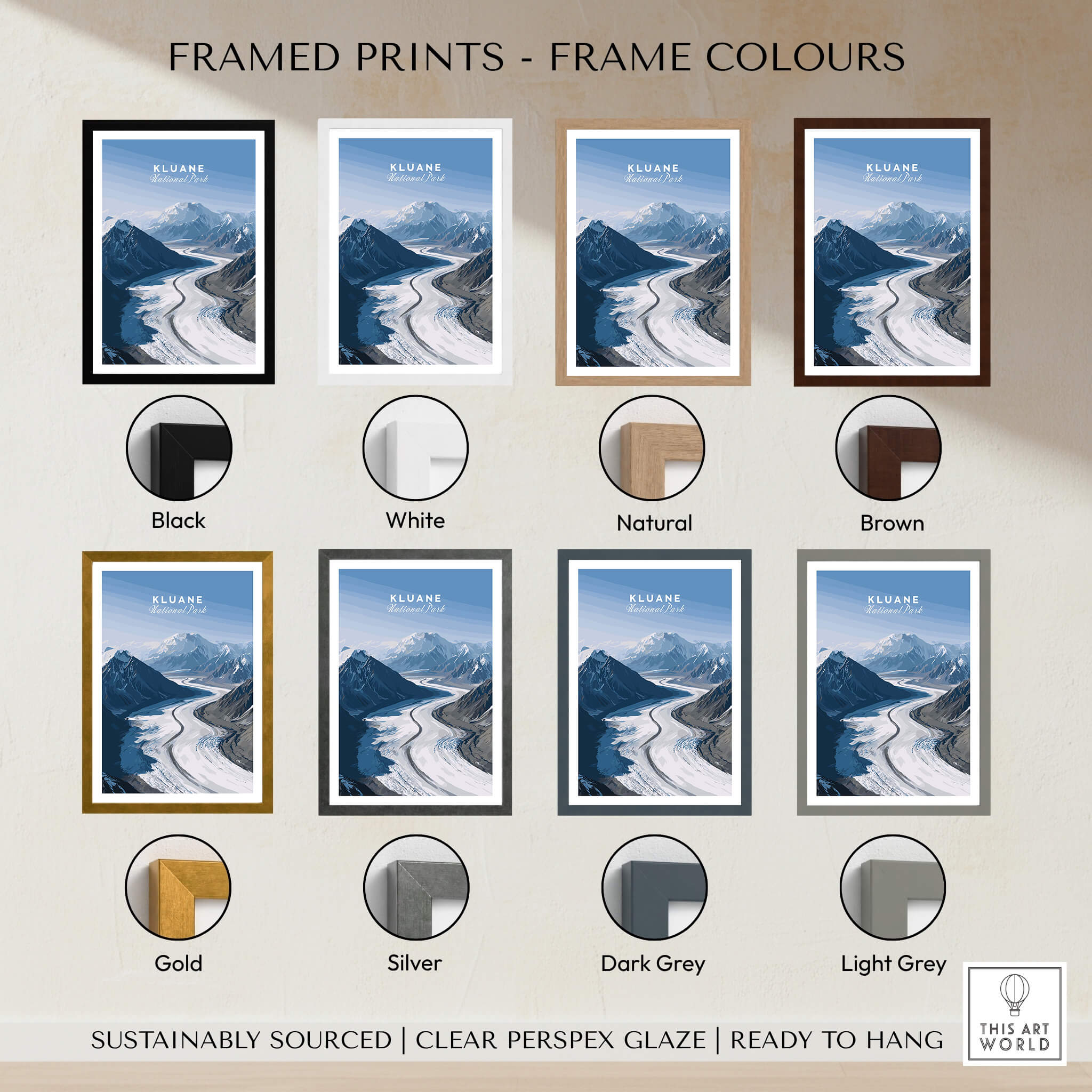 Kluane National Park Poster - Canvas Print options featuring various frame colors like Black, White, Natural, Brown, Gold, Silver, Dark Grey, Light Grey