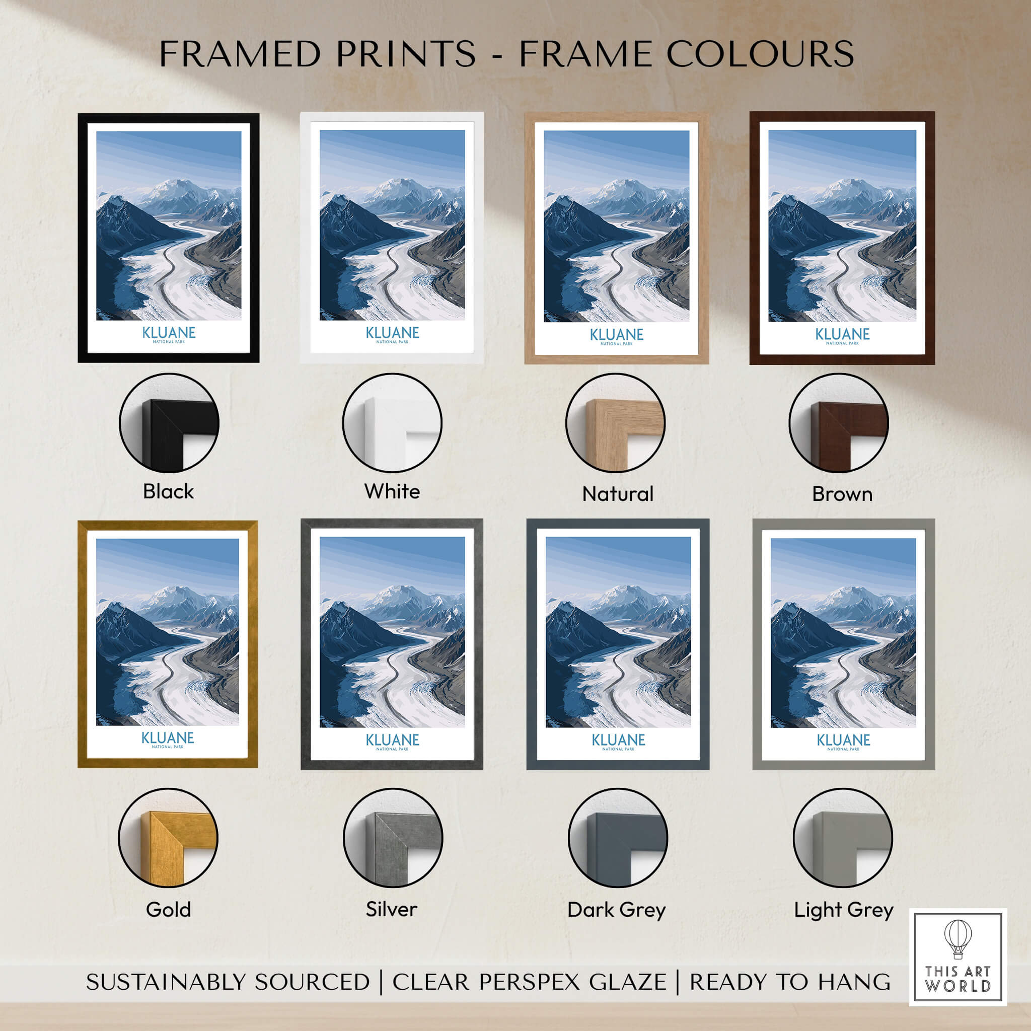 Kluane National Park Wall Art Canvas Print framed samples in various colors including black, white, natural, and brown.