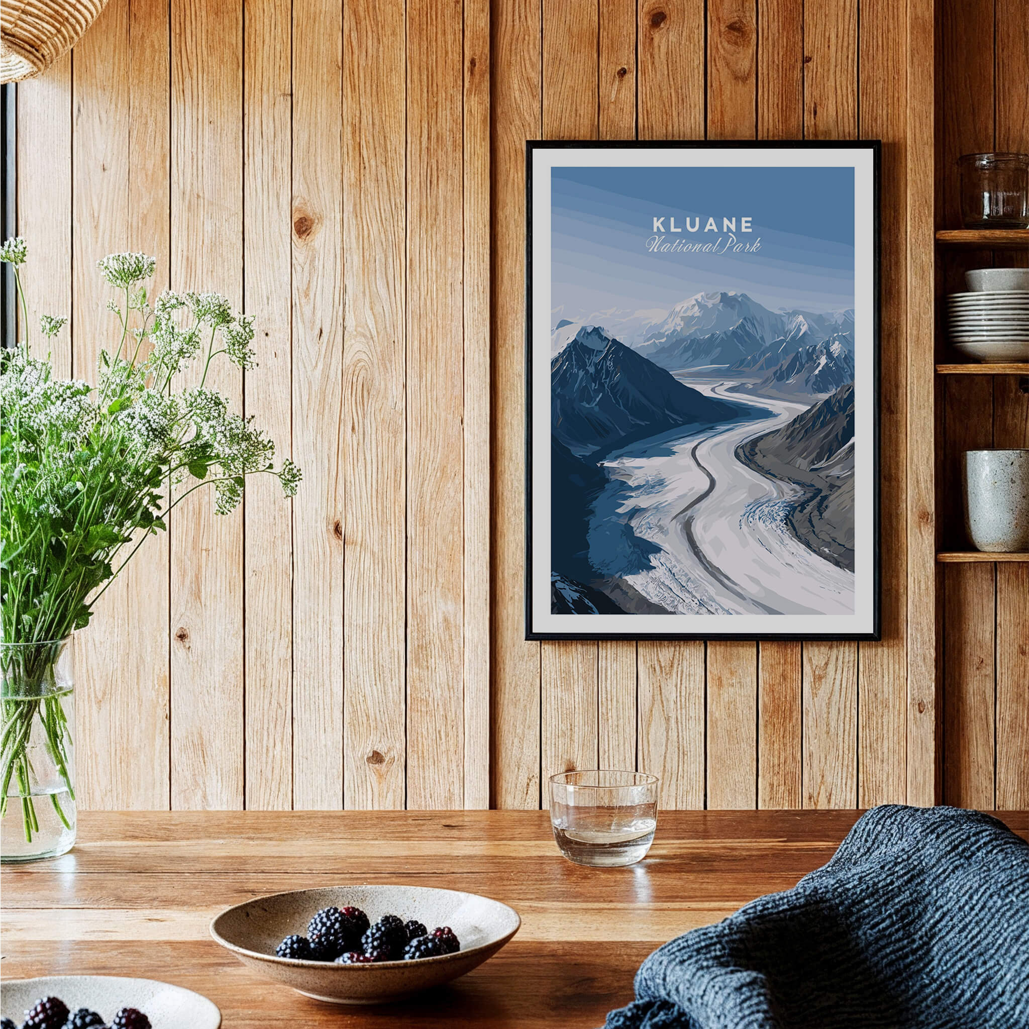 Kluane National Park Poster - Canvas Print displayed in a rustic setting with wooden walls and decor.