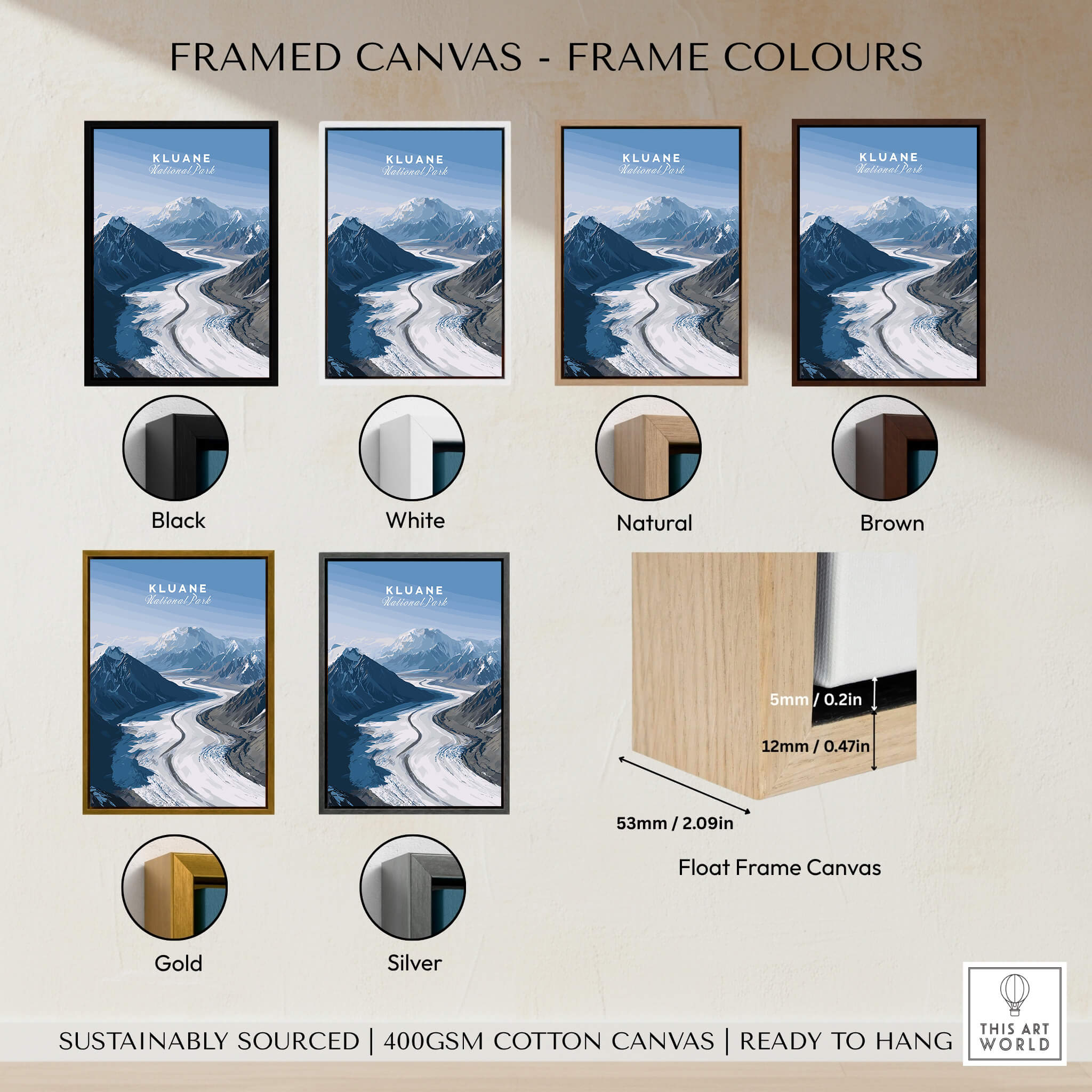 Kluane National Park Poster - Canvas Print framed in various colors including black, white, natural, brown, gold, and silver.