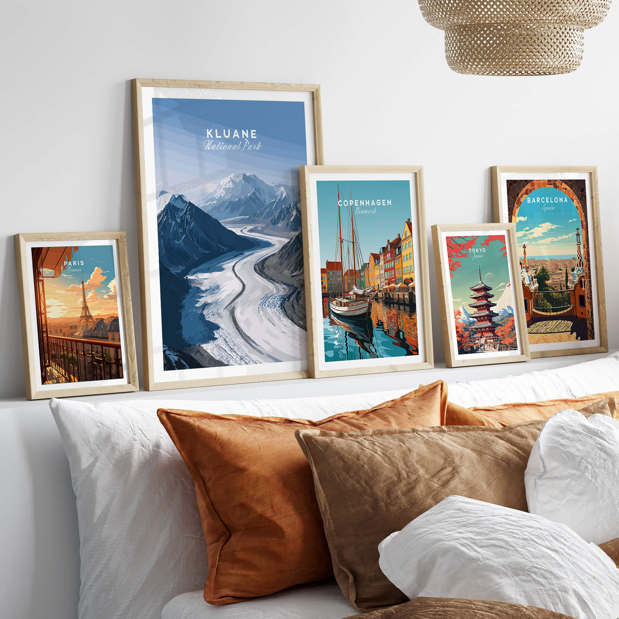 Kluane National Park Poster - Canvas Print displayed alongside travel posters on a stylish wall.