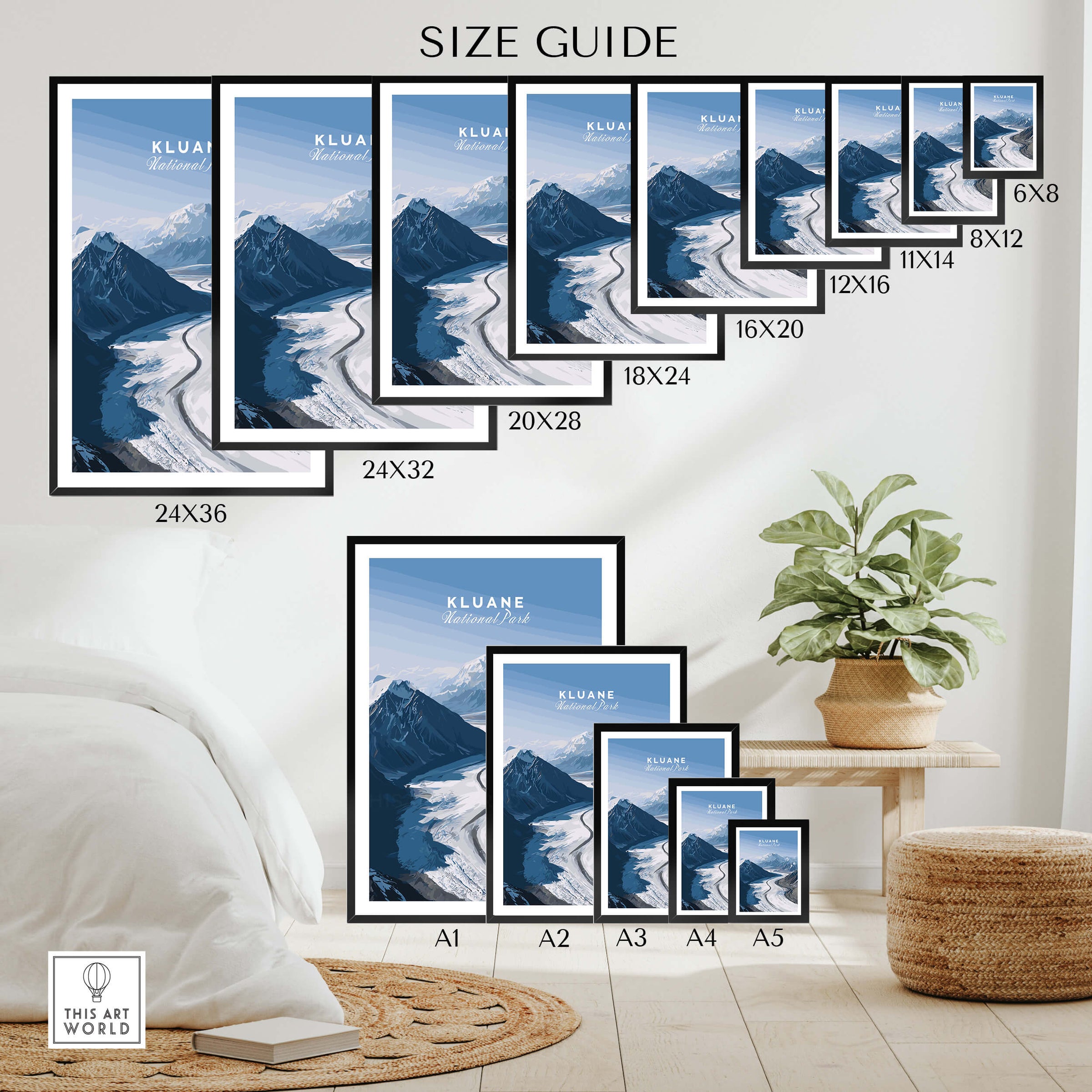 Kluane National Park Poster - Canvas Print size guide with various dimensions and frame styles