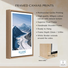 Kluane National Park Wall Art Canvas Print framed with natural wood showcasing stunning mountain landscape.