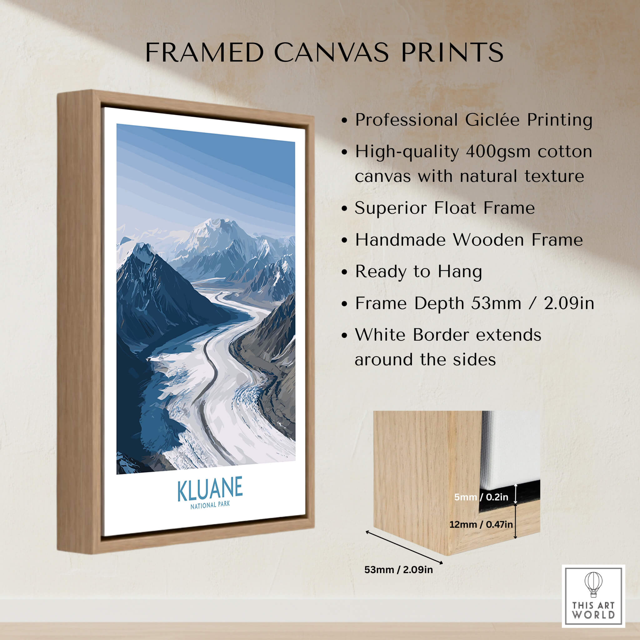 Kluane National Park Wall Art Canvas Print framed with natural wood showcasing stunning mountain landscape.