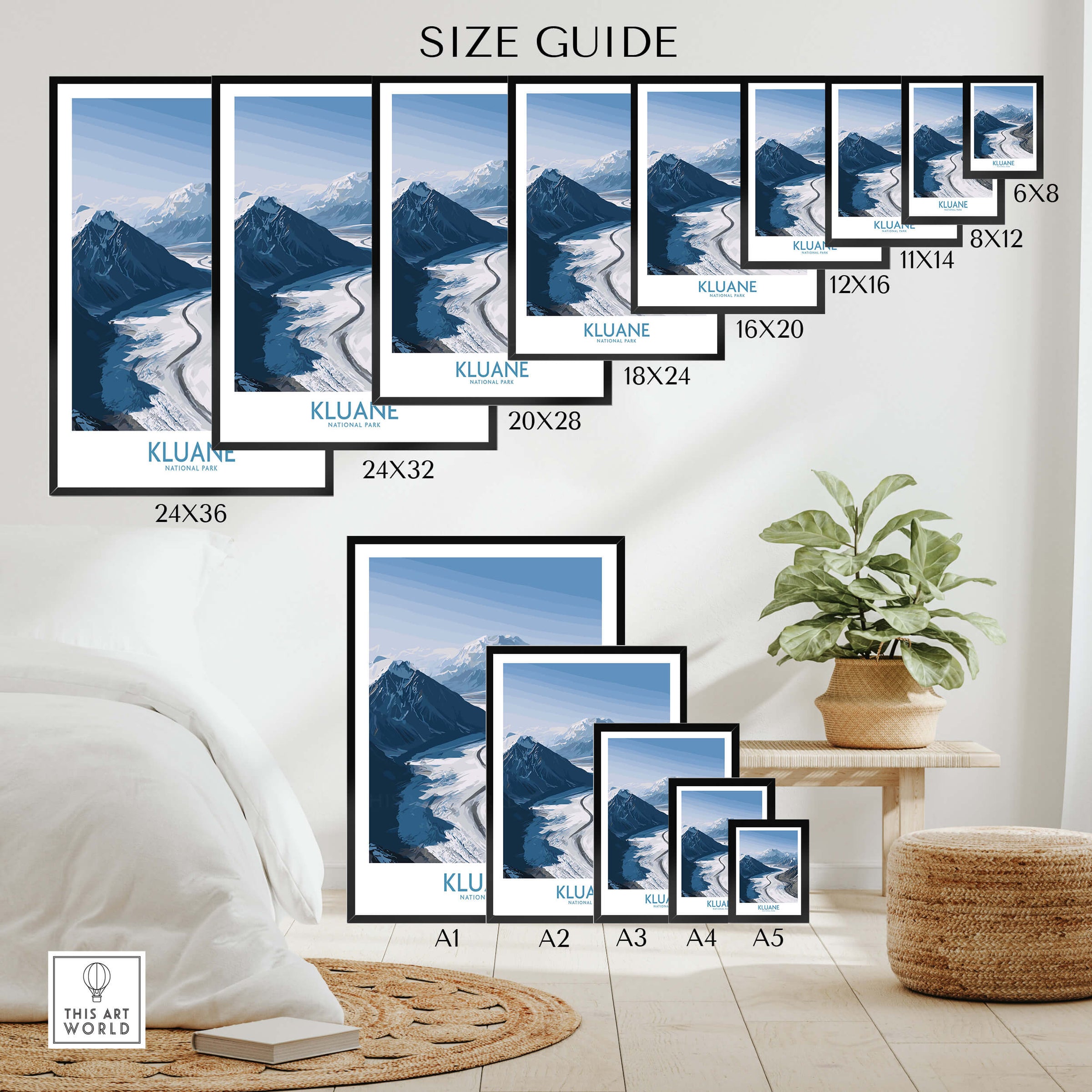 Kluane National Park Wall Art Canvas Print size guide showcasing various frame sizes for wall art decor.