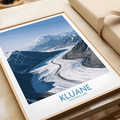 Kluane National Park Wall Art Canvas Print featuring stunning mountain and glacier scenery in shades of blue.