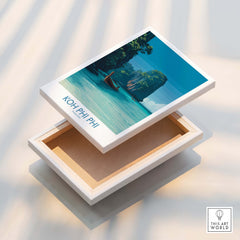 Koh Phi Phi Thailand Poster | Turquoise Sea & Limestone Cliffs Canvas Print displayed on a box with natural wood interior.