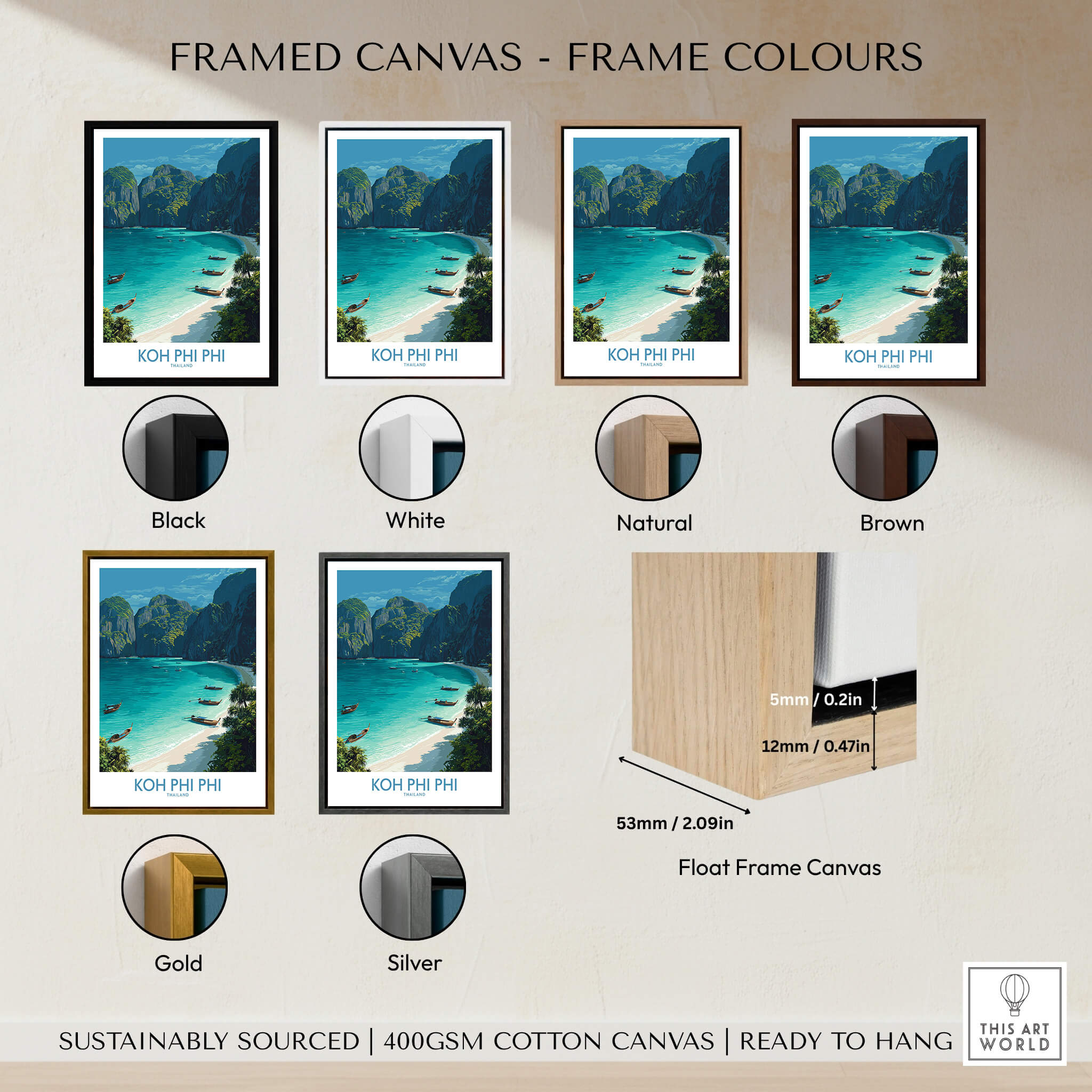Koh Phi Phi Thailand Canvas Print | Longtail Boat Ocean Scene Poster framed canvas colours options including black, white, natural, brown, gold, and silver.