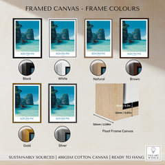 Koh Phi Phi Thailand Poster | Turquoise Sea & Limestone Cliffs Canvas Print with various frame colors displayed.