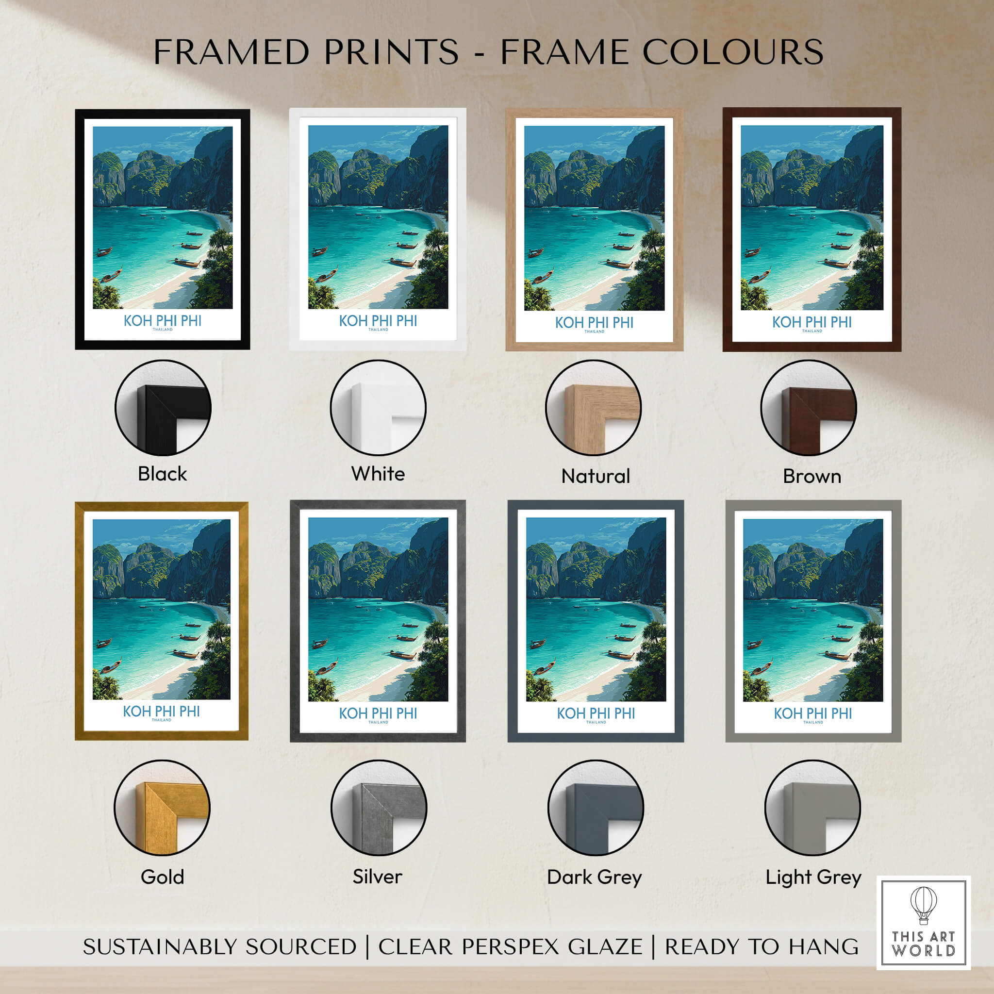 Koh Phi Phi Thailand Canvas Print | Longtail Boat Ocean Scene Poster framed print color options display