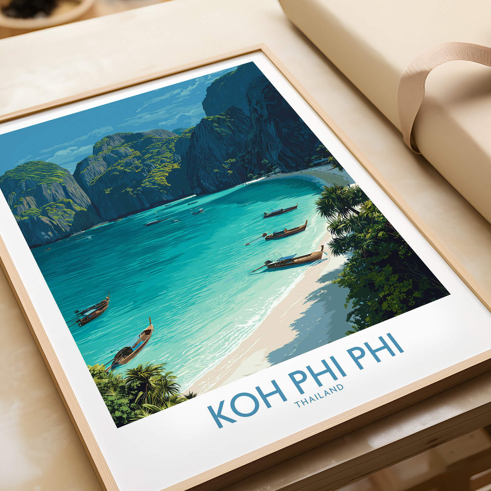 Koh Phi Phi Thailand Canvas Print | Longtail Boat Ocean Scene Poster on display showcasing tropical beach and longtail boats.