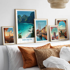 Koh Phi Phi Thailand Canvas Print | Longtail Boat Ocean Scene Poster displayed among other travel posters.