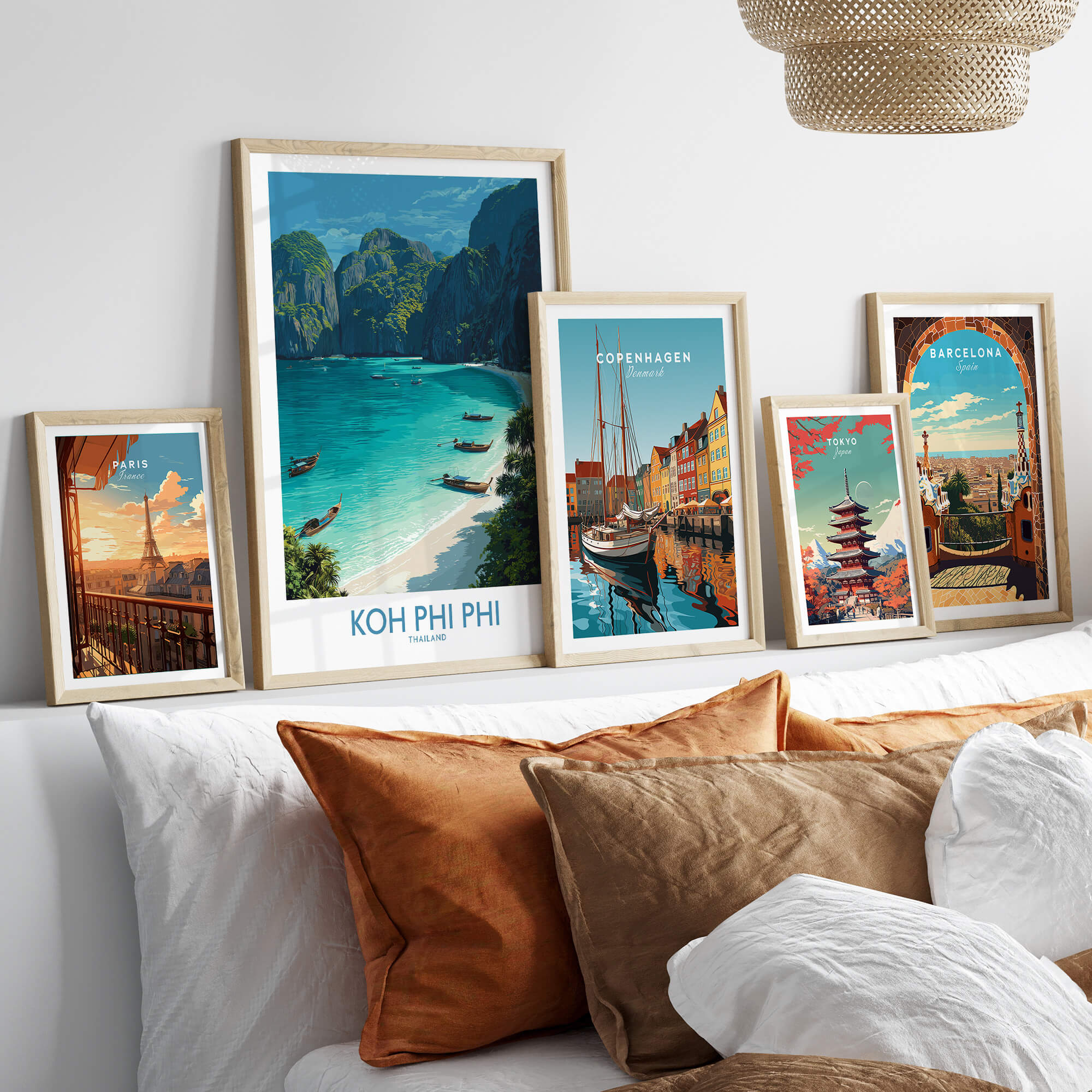 Koh Phi Phi Thailand Canvas Print | Longtail Boat Ocean Scene Poster displayed among other travel posters.