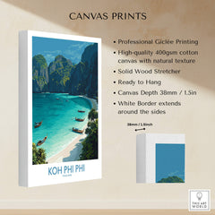 Koh Phi Phi Thailand Canvas Print | Longtail Boat Ocean Scene Poster displayed with professional quality and details.
