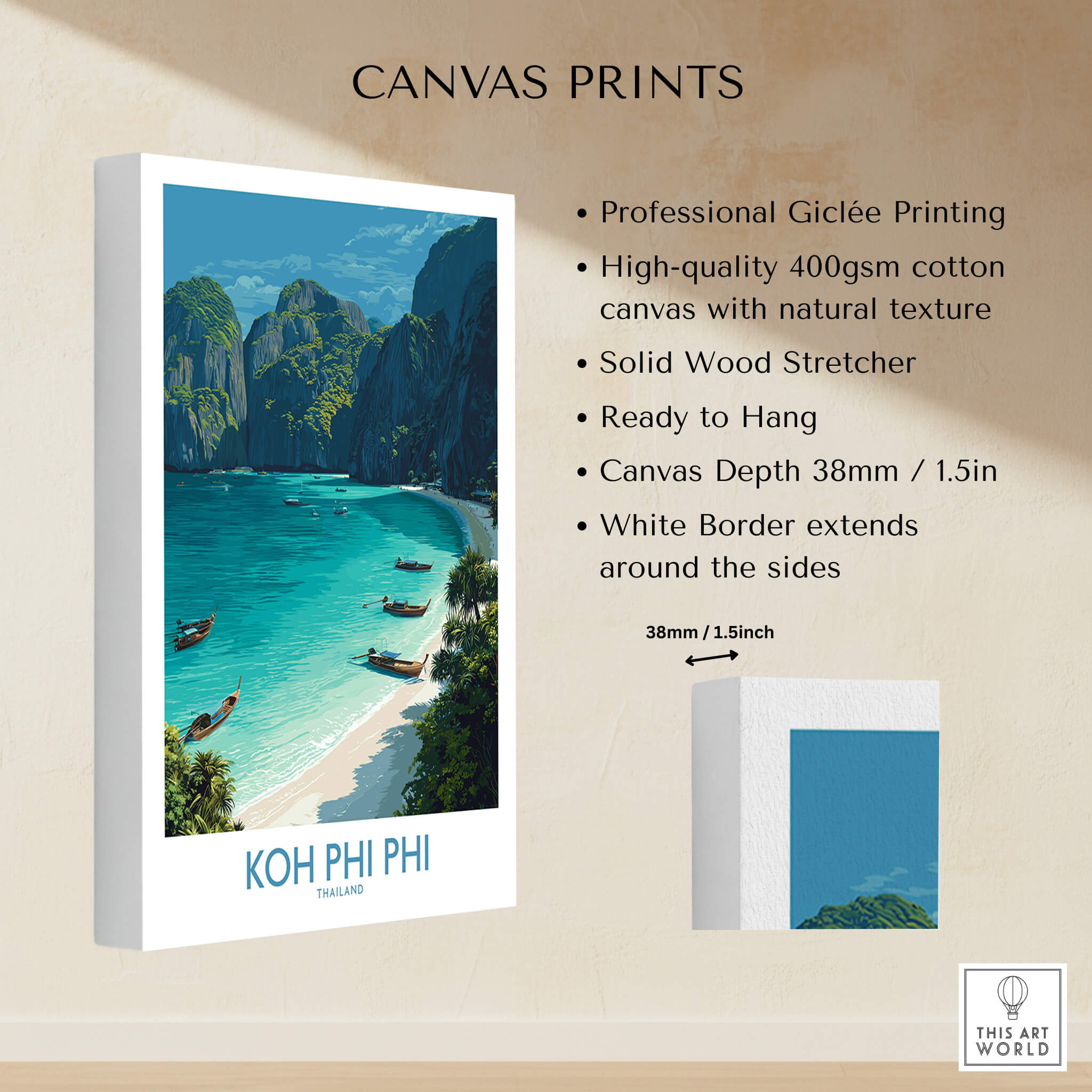 Koh Phi Phi Thailand Canvas Print | Longtail Boat Ocean Scene Poster displayed with professional quality and details.