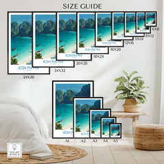 Koh Phi Phi Thailand Canvas Print | Longtail Boat Ocean Scene Poster size guide with various frame dimensions.