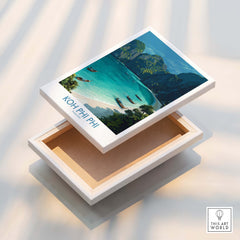 Koh Phi Phi Thailand Canvas Print | Longtail Boat Ocean Scene Poster on display with a scenic beach artwork.