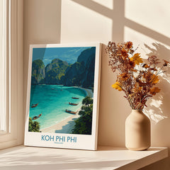 Koh Phi Phi Thailand Canvas Print | Longtail Boat Ocean Scene Poster showcasing stunning beaches and longtail boats.