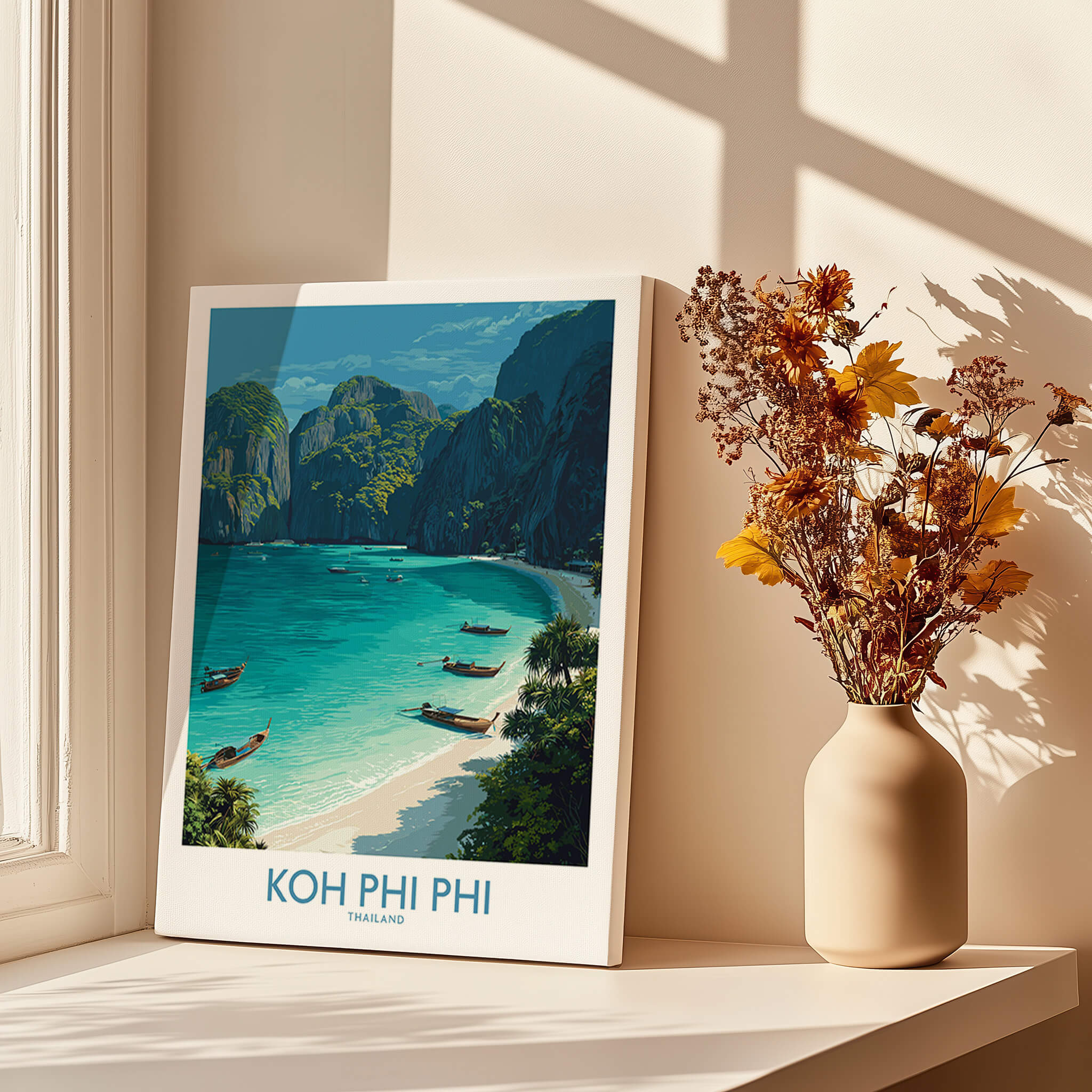 Koh Phi Phi Thailand Canvas Print | Longtail Boat Ocean Scene Poster showcasing stunning beaches and longtail boats.