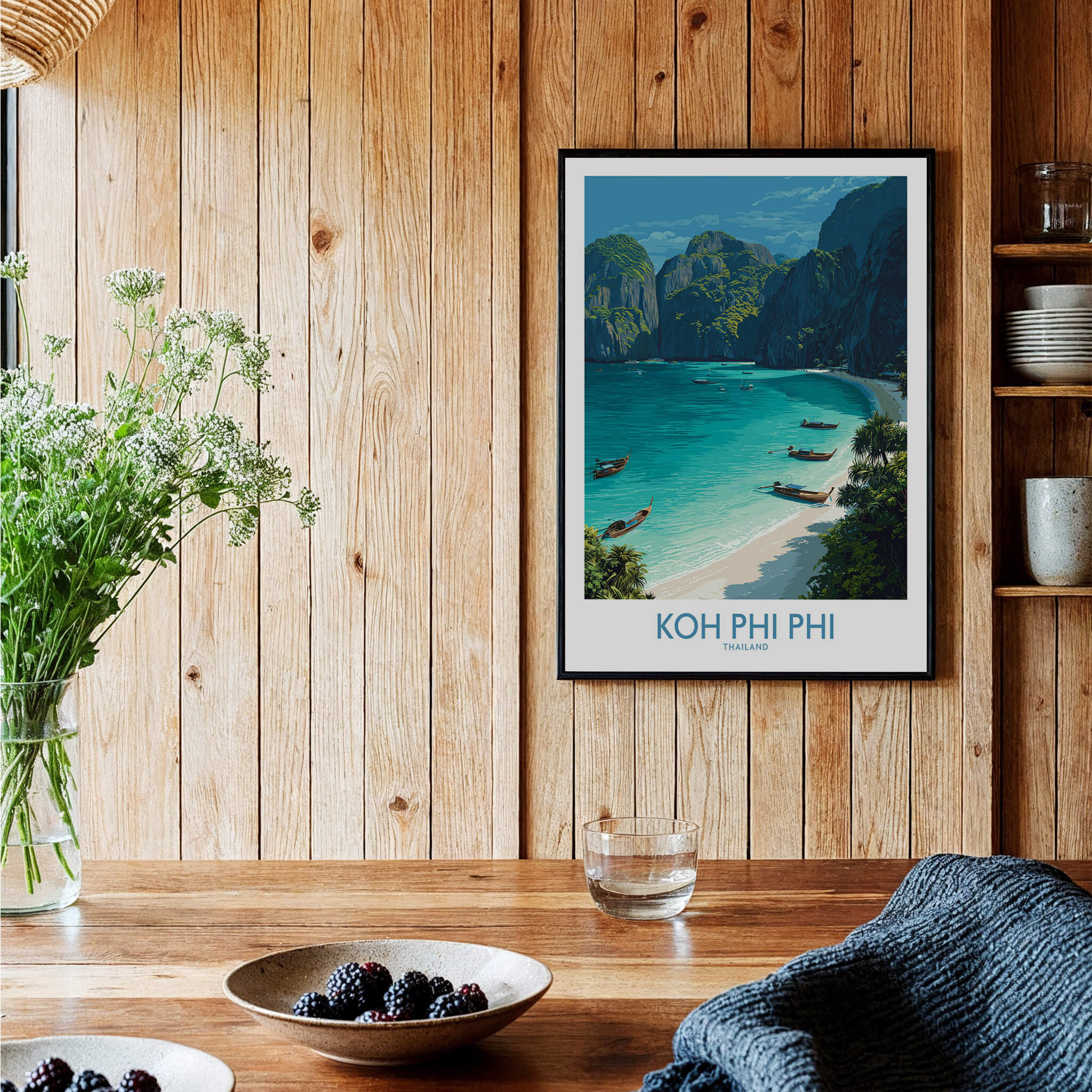 Koh Phi Phi Thailand Canvas Print | Longtail Boat Ocean Scene Poster displayed in a cozy interior, capturing tropical beauty.